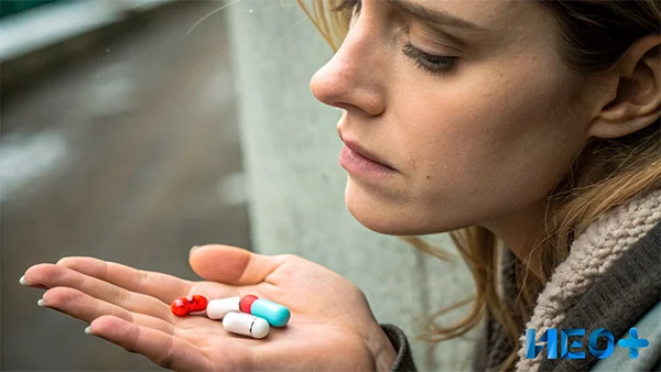 Девушка держит в руке таблетки